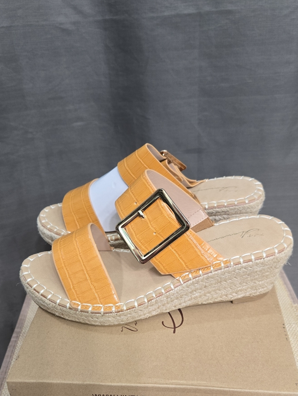 Vintage Havana Yellow Croc-Embossed Espadrille Wedge Slide with Buckle